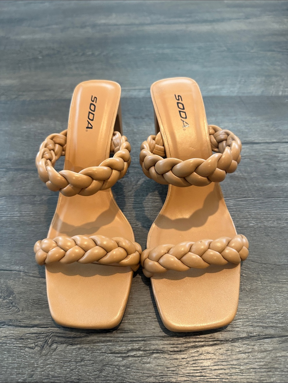 SODA 11 Neutral Camel/Tan Braided Double-Strap Square Toe Heels